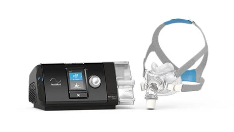 ResMed Airsense 10 Auto CPAP machine with mask on a white background